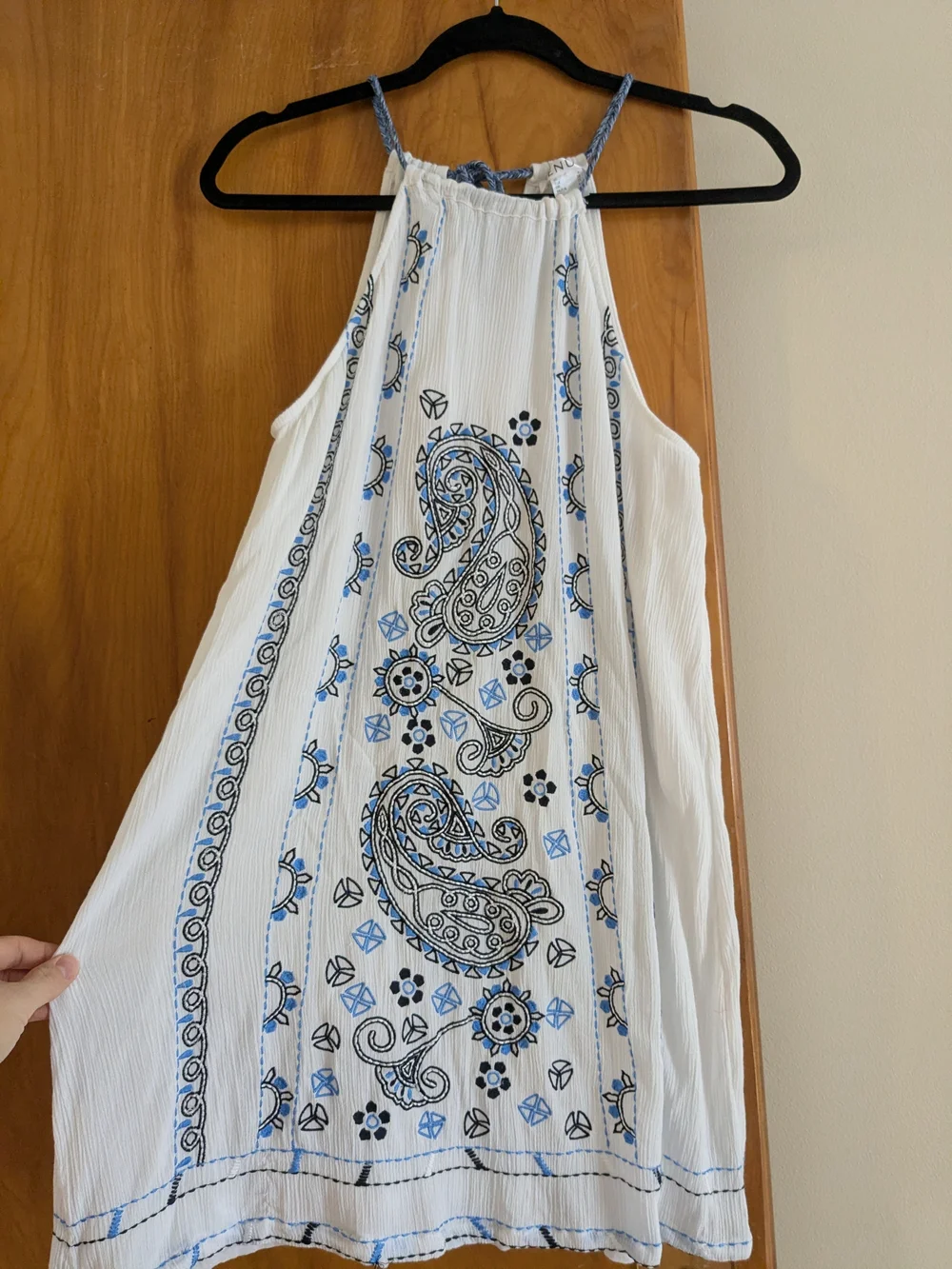 Venus White Halter Dress with Blue Paisley Embroidery. - Picture 2 of 13